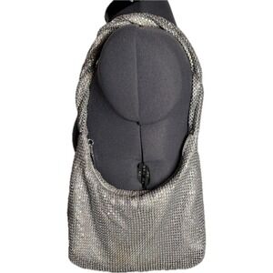 Vintage Y2K Rhinestone Hobo Shoulder Bag Silver Crystal Mesh Sparkle Purse